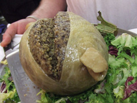 Haggis stuffed in a sheep's stomach.